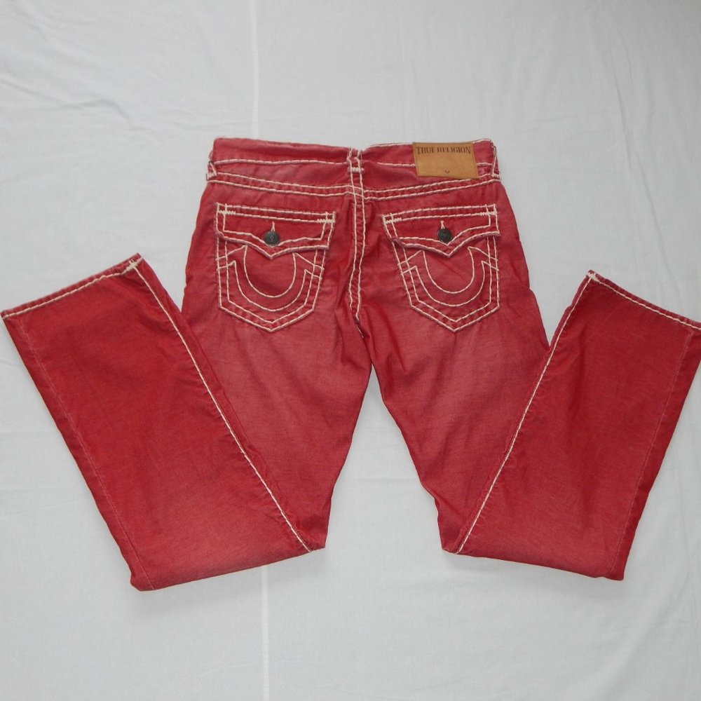 NWT TRUE RELIGION Ricky Relaxed Straight Flaps IRREGULAR RED Velour Jeans 32x33